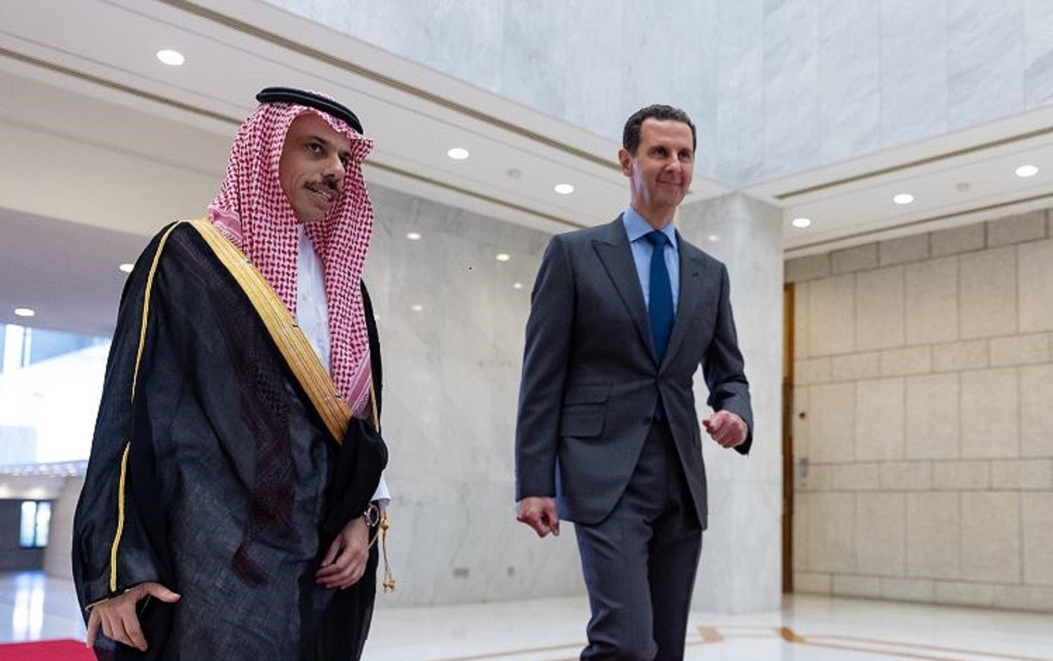 Saudi Arabian Foreign Minister Prince Faisal bin Farhan (left) met with Syrian President Bashar al-Assad in Damascus on April 18, 2023. Photo: handout/Saudi foreign ministry